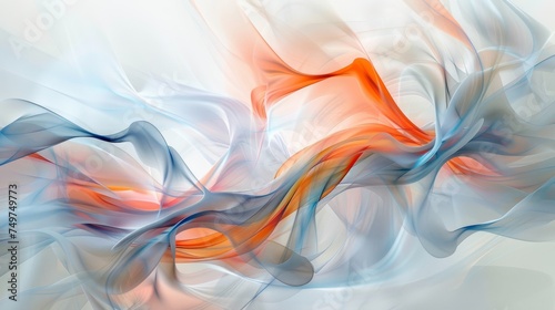 A digital abstract depicting smooth waves of smoke, seamlessly blending pastel blues and oranges, creating a soft and dreamlike atmosphere.