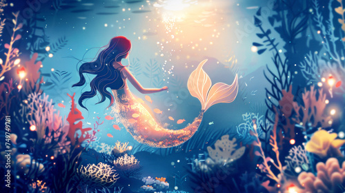 Illustration of  mermaid in the underwater magical shining world. Fairy tale concept.