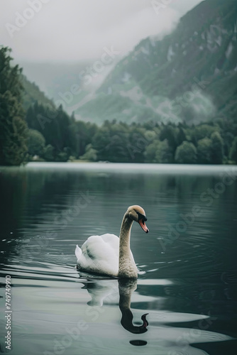 A serene swan swimming in a lake