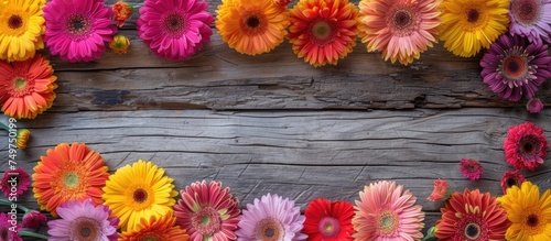 A group of different colorful flowers arranged neatly on a wooden surface. The vibrant petals contrast beautifully with the natural texture of the wood.