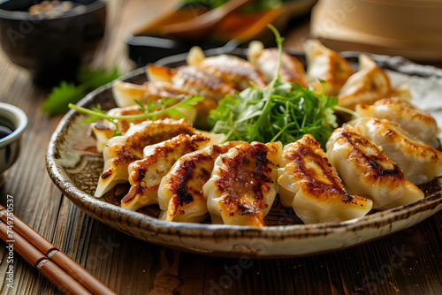 Grilled gyoza dumplings served on a plate 