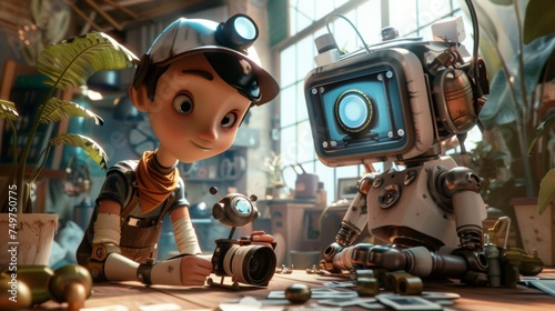 A whimsical 3D caricature of a photographer working alongside an AI robot assistant framed in a cinematic storybook setting