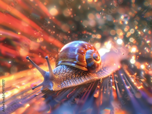 A bright close up view of a 3D snail with jet speed in a random scene