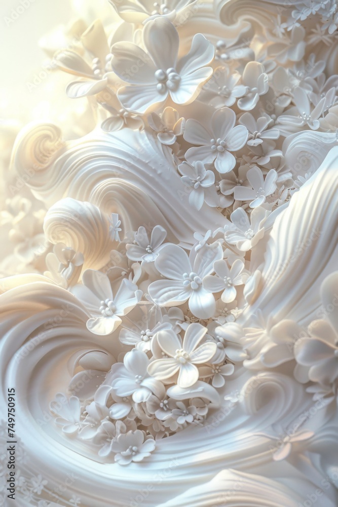Close up bright depiction of 3D white flora swirling in a futuristic setting with natural light in a random setting
