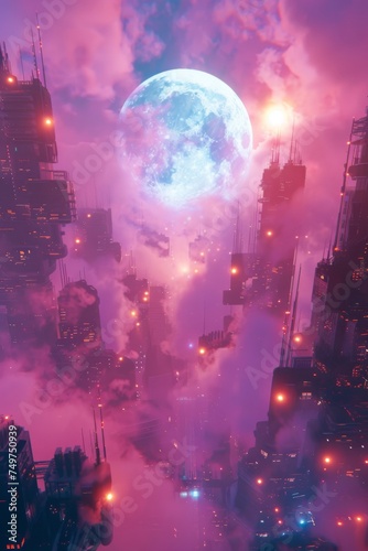 Close up bright depiction of a 3D illustration with fog a dreamlike moon vibrant energy and cyberpunk elements in a random setting