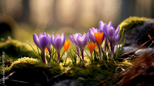 Spring Crocus Flowers. Beautiful Purple Crocuses Close Up on a Sunny Day