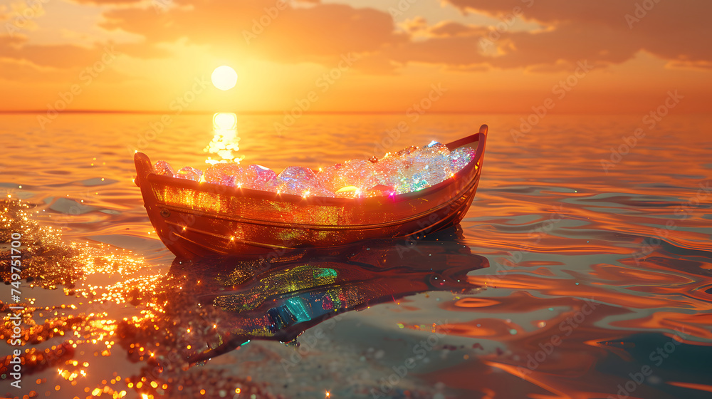 A boat filled with glowing rocks sits on the ocean during a sunset.