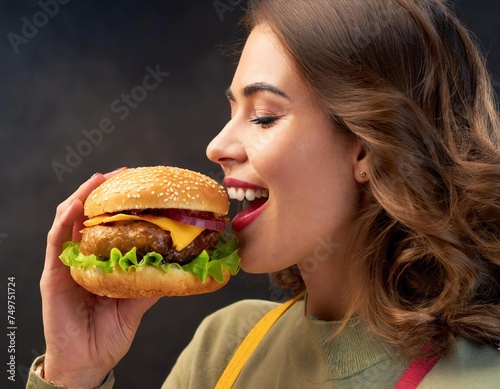 Profile of woman eating big bite of delicious cheeseburger hungrily - concept of craving for junk food fast food, risk of weight gain and overindulging