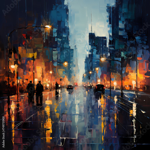 Abstract city lights reflected in rain-soaked streets. © Cao