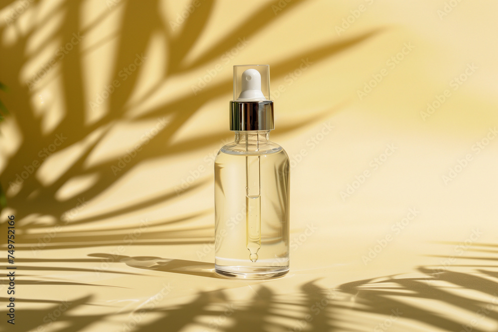 Naklejka premium Cosmetic bottle with pipette. Transparent liquid product in glass bottle with dropper. Serum skin care on light yellow background and plant shadows, front view with copy space. Beauty product mockup