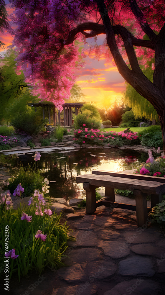 Enchanting Twilight in a Beautiful English-Style Garden with a Serene Pond and Cobblestone Walkway