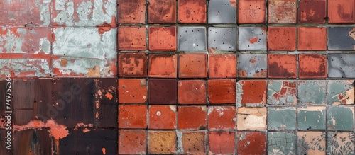 A brick wall has been painted in bold red and blue colors, creating a vibrant and eye-catching visual. The texture of the red bricks adds depth to the overall look.