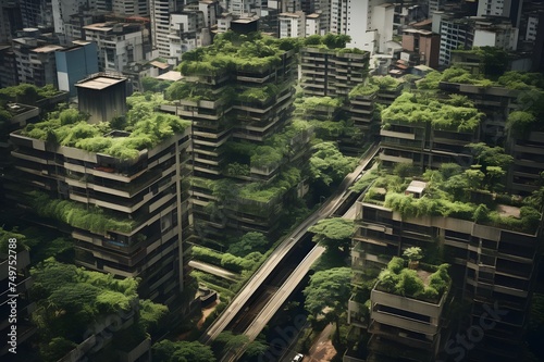 Urban Jungle  A captivating shot of a densely populated urban area  showcasing the juxtaposition of concrete structures and greenery.  