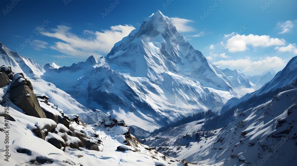 A pristine, snow-covered mountain peak standing majestically against a clear, deep blue sky