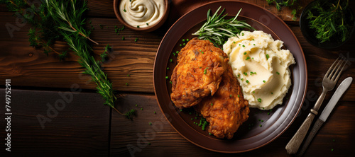 Delicious Plate of Fried Chicken and Mashed Potatoes photo