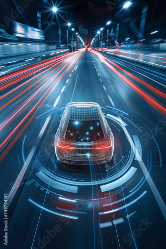 Visual image of autonomous driving car and digital speedometer technology
