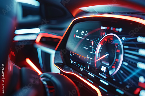 Visual image of autonomous driving car and digital speedometer technology photo