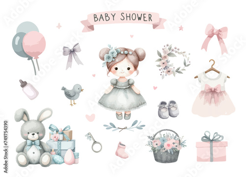 Set of cute watercolor baby shower cards clipart for invitation card, poster.