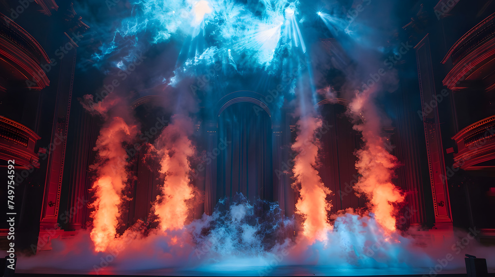 Obraz premium dark stage with lights and smoke. The lighting is coming from various sources