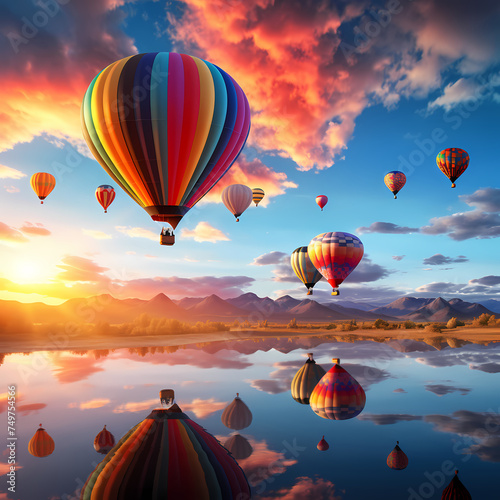 Colorful hot air balloons ascending at dawn. 