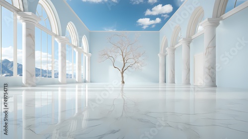A pristine marble floor with a subtle veining pattern, stretching across a vast empty space, capturing the serenity of minimalism