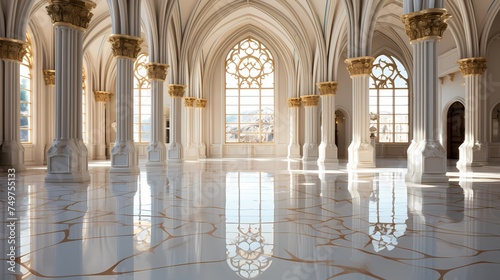 A pristine marble floor with a subtle veining pattern, stretching across a vast empty space, capturing the serenity of minimalism
