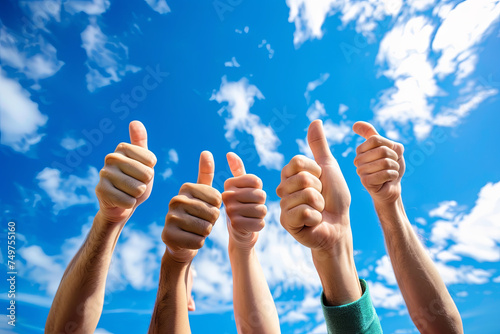 Group of people giving thumbs up against a blue sky