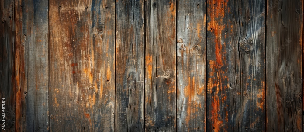 A weathered wooden wall showing signs of age with peeling paint, revealing the natural wood beneath. The distressed paint adds character to the vintage structure.