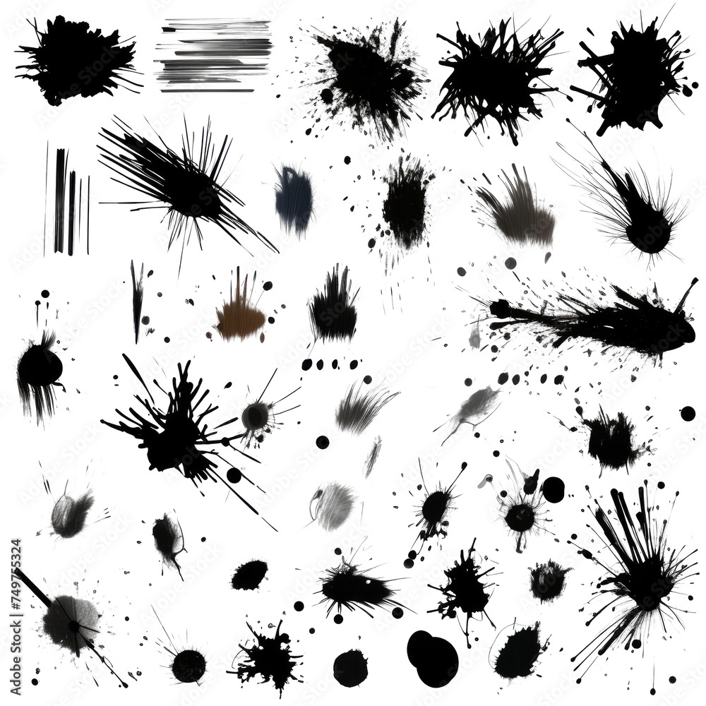 Fototapeta premium Set of paint brush stroke and Ink splashes on the transparent background