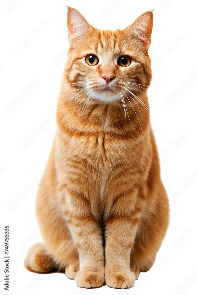 Cute British orange cat sitting, isolated on transparent background