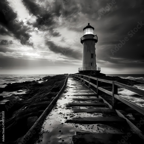 Dramatic black and white photo of an old lighthouse