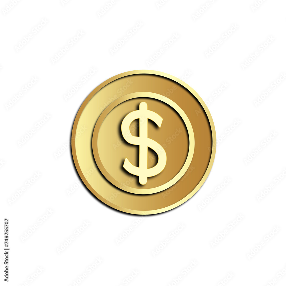 Gold Dollar Coin Icon Isolated on Transparent Background - PNG