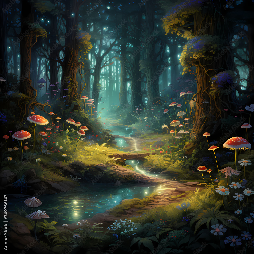 Fototapeta premium Enchanting forest scene with luminescent flora. 
