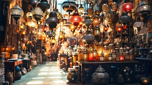 Metal filigree lanterns in a middle east bazaar. Oriental artwork and craft. photo