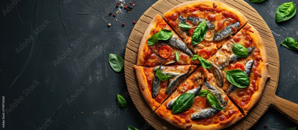 A top-down view of a homemade pizza topped with sardines on a round wooden cutting board placed against a dark grey background.