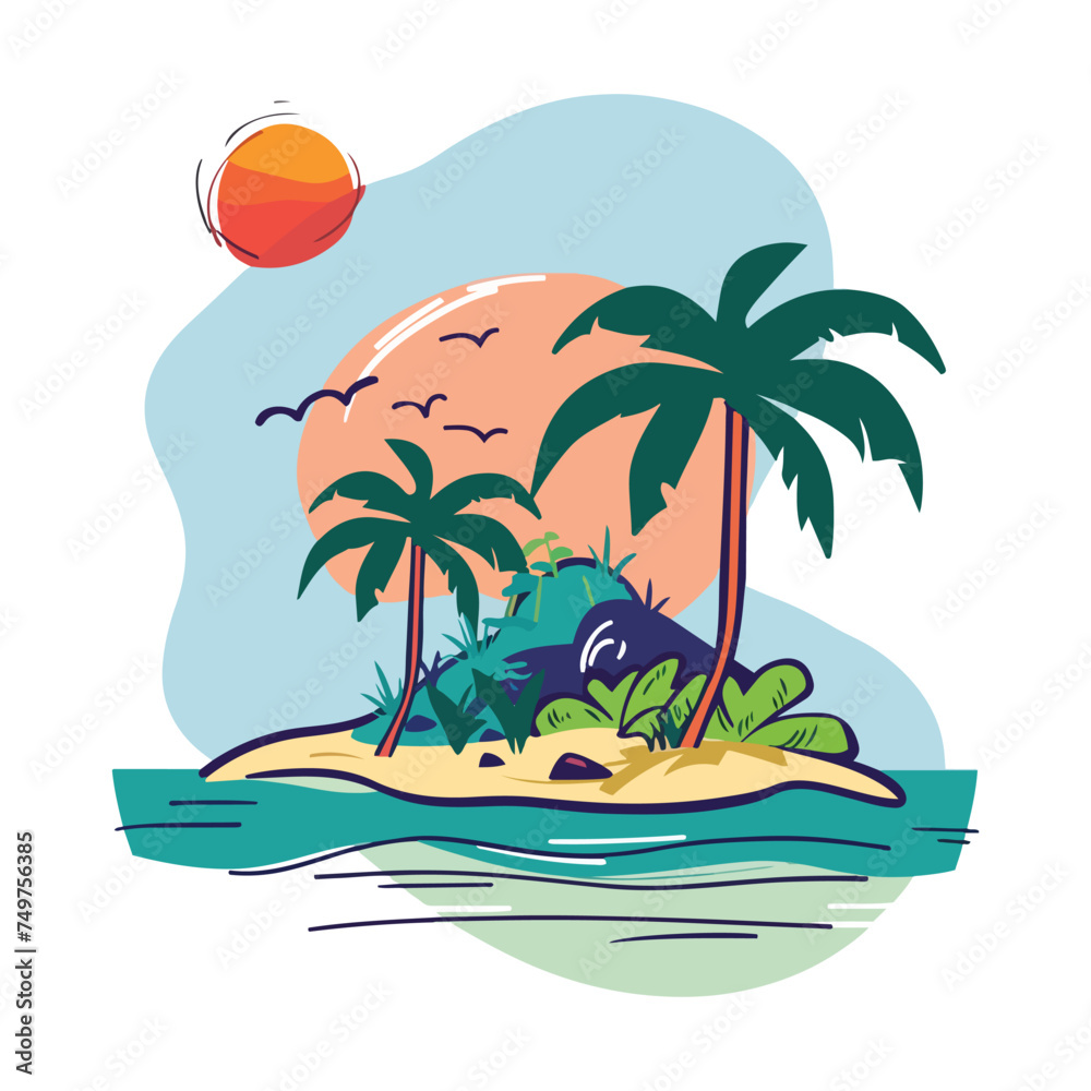 illustration of a tropical island with palm trees and sea 