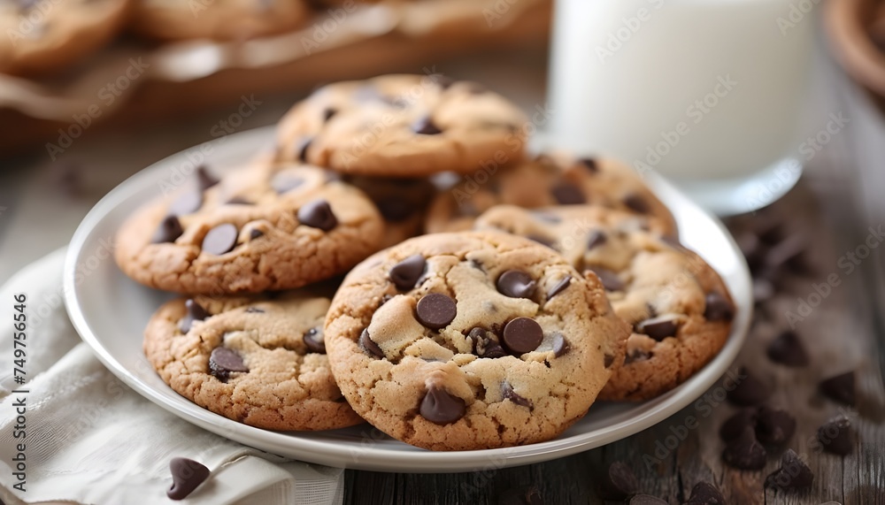 Plate of chocolate chip cookies with milk