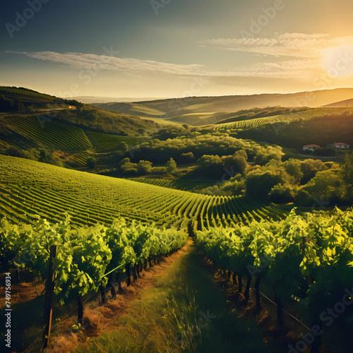 Lush green vineyard in the afternoon sun. 
