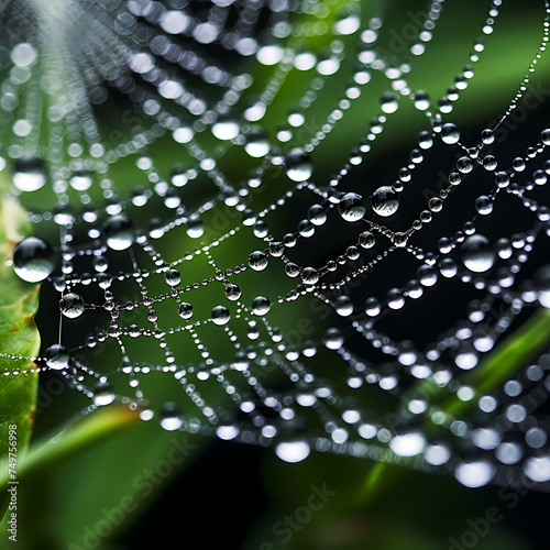 Macro shot of a dew-covered spider web. 