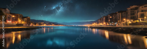 Starry Serenity: Nighttime Reflections on Water. 3:1 Banners and Night Sky Backgrounds, Perfect for Capturing Serene Night Scenes