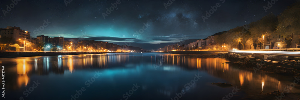 Starry Serenity: Nighttime Reflections on Water. 3:1 Banners and Night Sky Backgrounds, Perfect for Capturing Serene Night Scenes