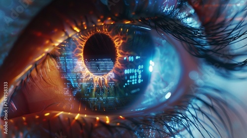 macro view of human eye with virtual hologram elements, futuristic virtual reality concept.