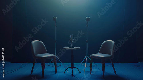 Behind the scenes empty scene of two chairs and microphones stand in interview or podcast room isolated on dark navy background, concept of silence after the hubbub, intense preparation of the program