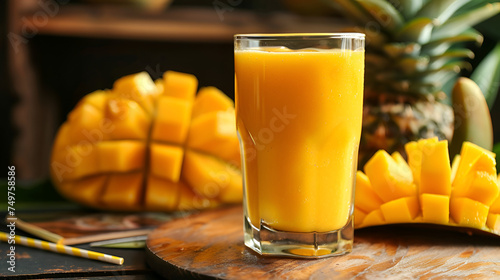 mango cocktail lassi with honey for breakfast, healthy food concept, closeup view,mango juice in drinking glass with tropical design,Yummy juice in glass on white table, closeup,  © Raees
