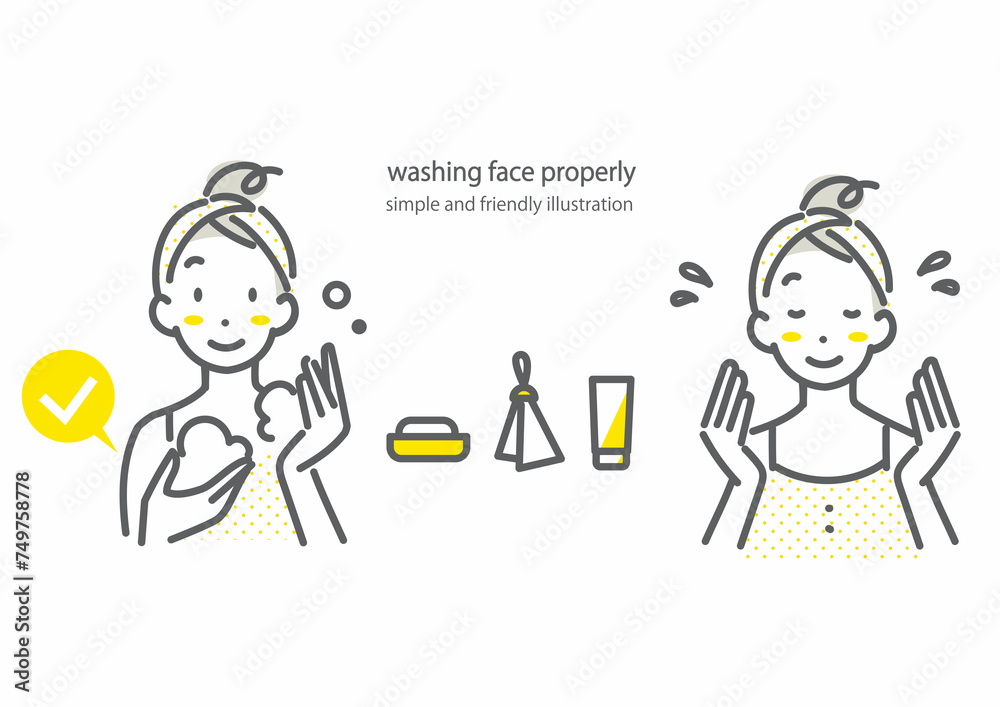 女性のスキンケアと洗顔　シンプルでお洒落な線画イラスト