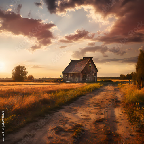 Rustic countryside barn in golden hour light.