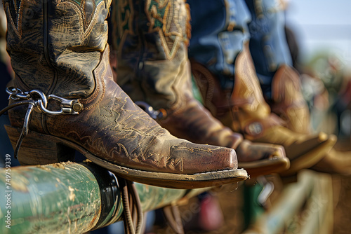 Experienced rodeo cowboys’ boots and spurs on an iron rail