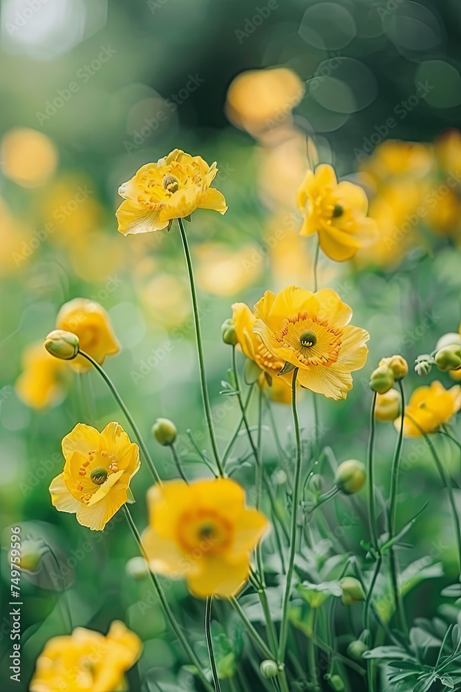 Fototapeta premium Panorama of yellow Geum flowers on a blurred background of a summer garden or park