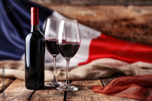 Red wine on the national French flag background. Famous french drink, best red wine. French wine menu, european tourism. Wine of France photo