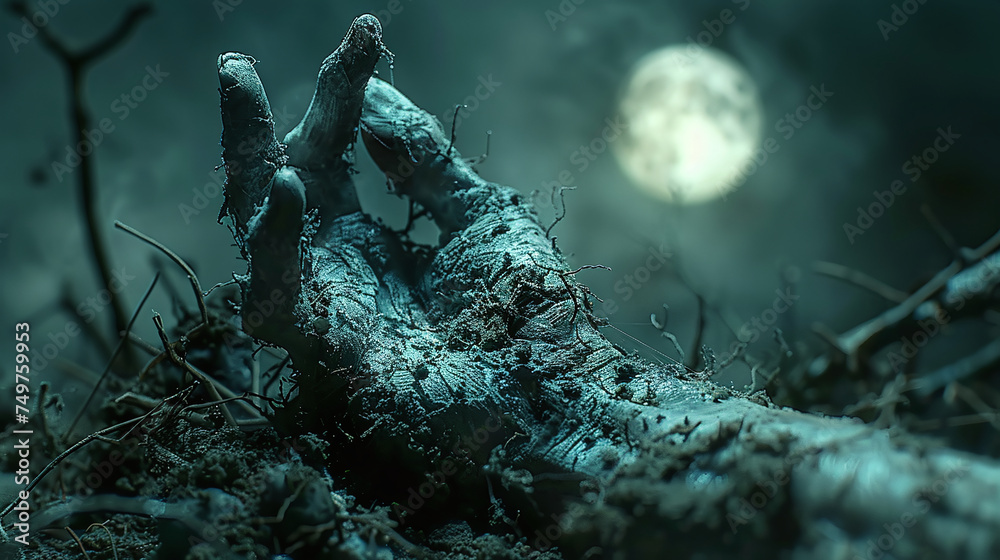 Mysterious zombie hand rising from the ground on a foggy full moon night, horror concept. - obrazy, fototapety, plakaty 